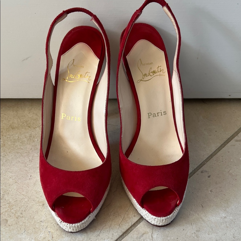 Christian Louboutin Red Suede Slingback Platform Heels - Picture 2 of 8
